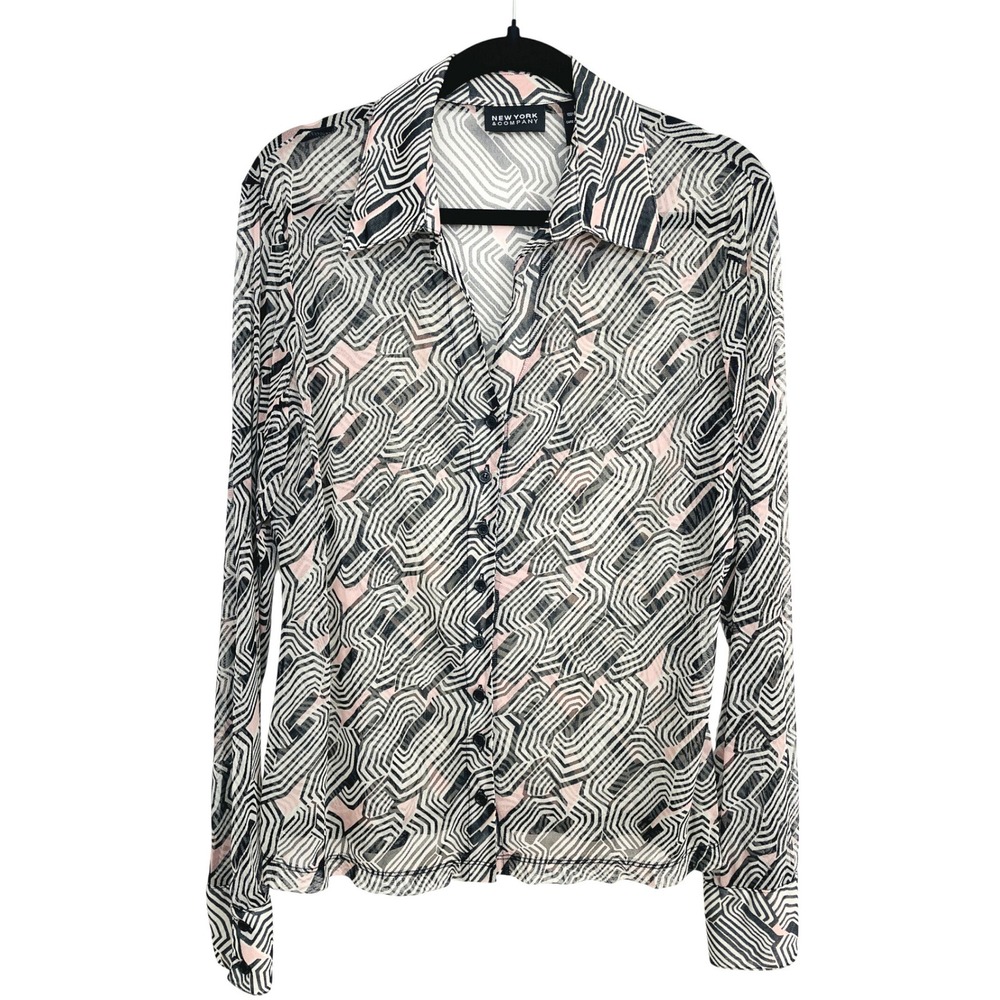 New York & Company Womens XL Sheer Mesh Geometric Print Button Down Shirt Pink